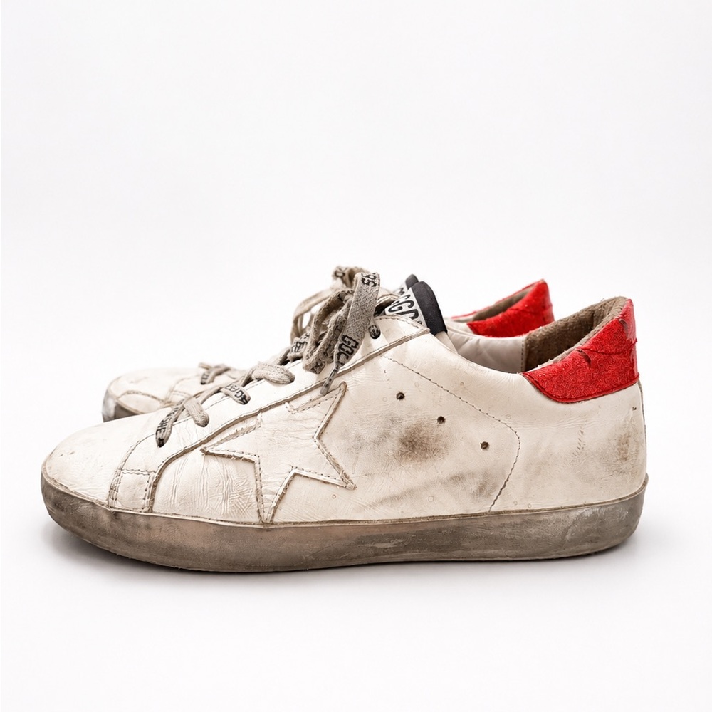 Golden Goose White Leather Low-Top Sneakers with Red Heel